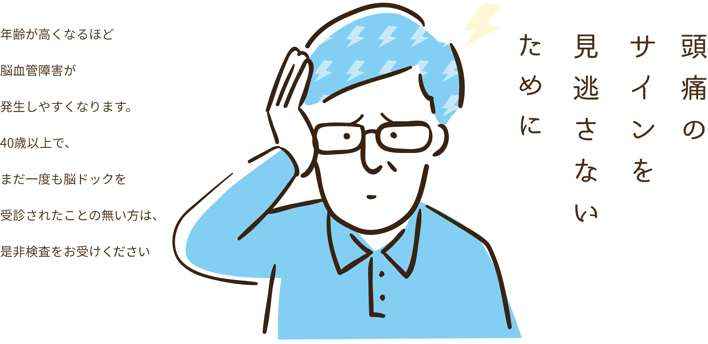 頭痛のサインを見逃さないために 年齢が高くなるほど脳血管障害が発生しやすくなります。40歳以上で、まだ一度も脳ドックを受診されたことの無い方は、是非検査をお受け下さい。